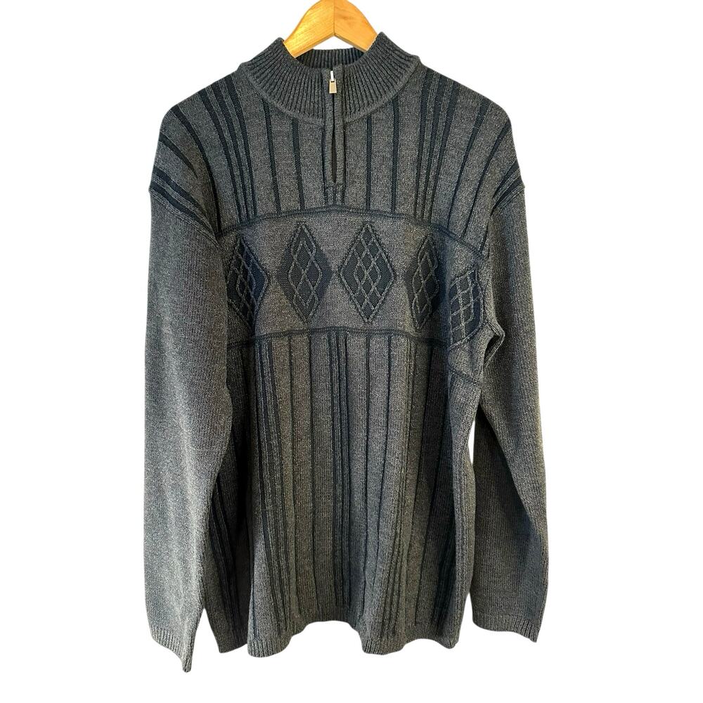 VTG Crazy Horse Liz Claiborne Argyle Quarter Zip Ribbed Knit Sweater Gray XL